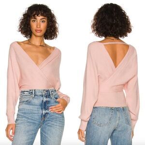 More To Come Revolve blush light pink slouchy plunge v-neck Nevena sweater